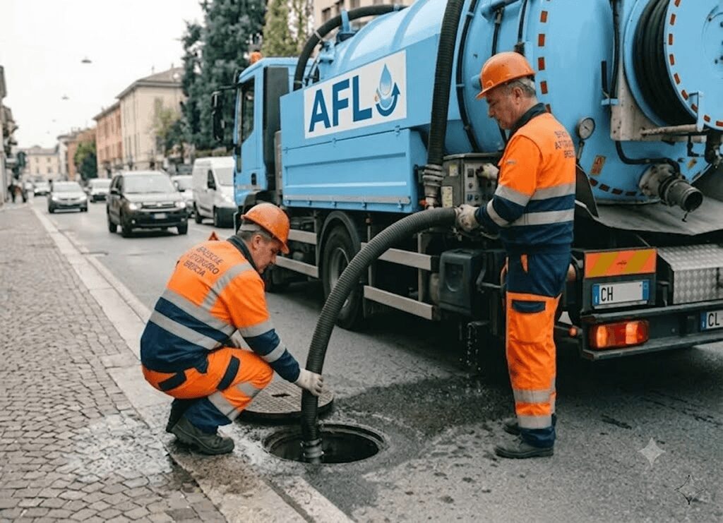 Camion autospurgo per la pulizia delle fognature a Brescia.