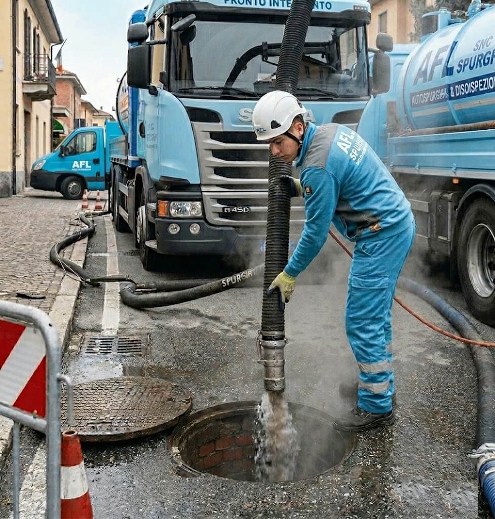 Tecnico dell'azienda AFL Spurghi al lavoro su una tubazione fognaria a Brescia.